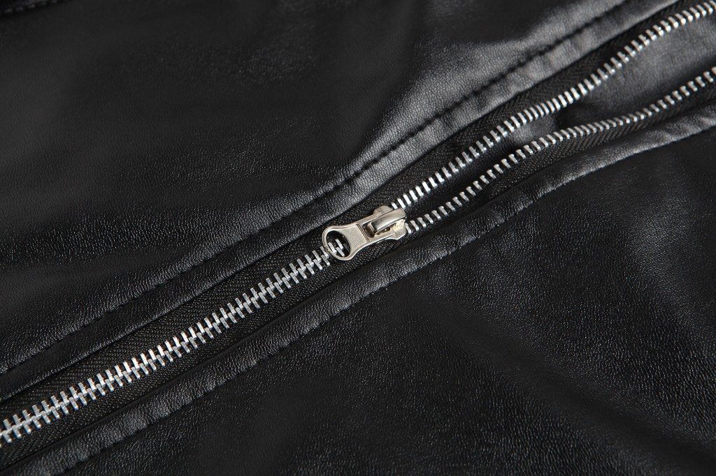 Men's black motorcycle slim jacket with stand collar and oblique zipper