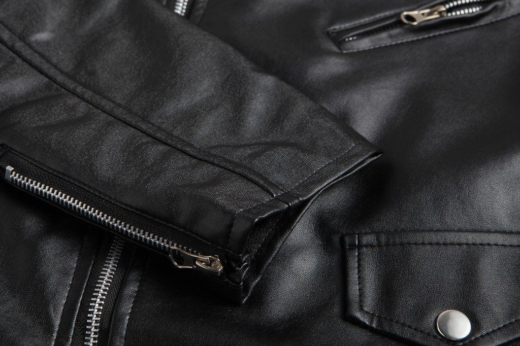 Men's black motorcycle slim jacket with stand collar and oblique zipper