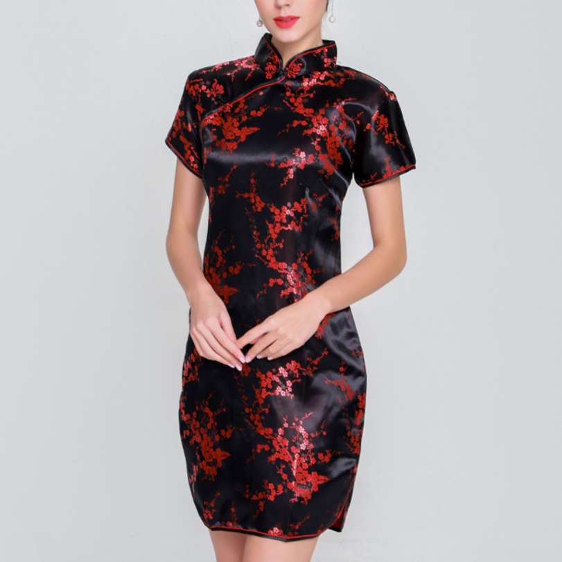 Women's retro Chinese-style cheongsam dress with abstract pattern