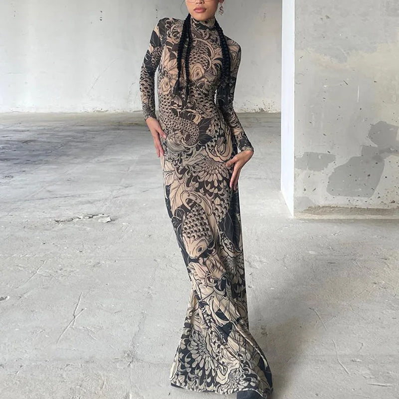Women's turtleneck slim fit animal print maxi dress