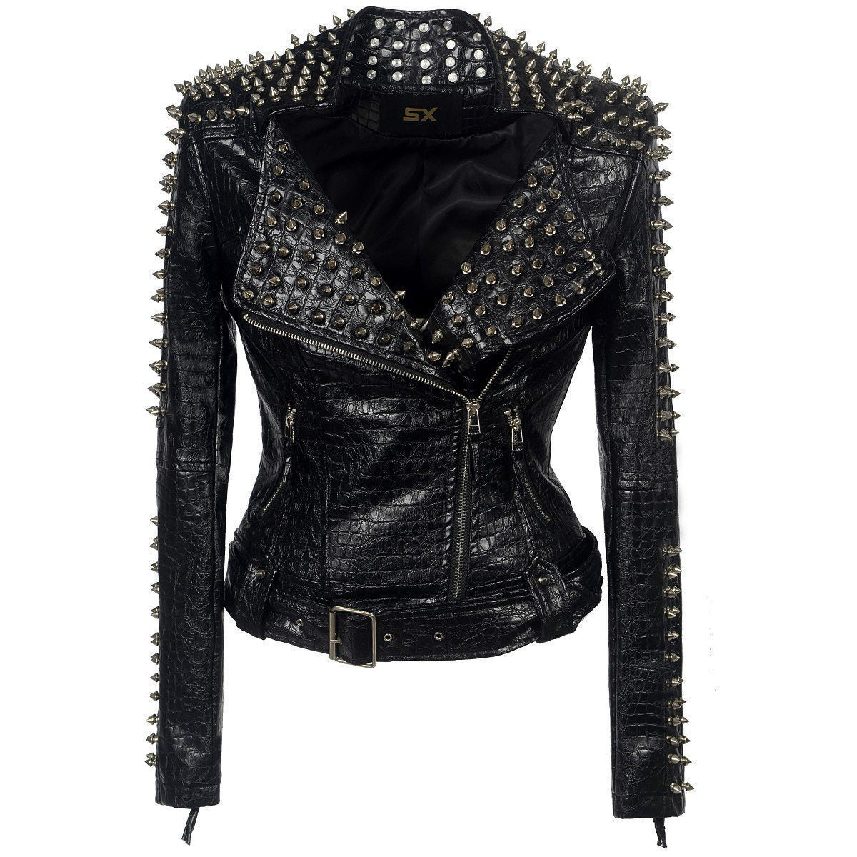Women's motorcycle punk rock jacket with rivet stitching