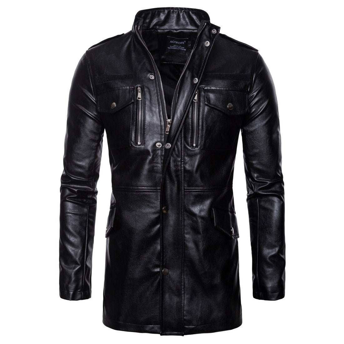 Men's edgy mid-length jacket with stand-up collar and four pockets