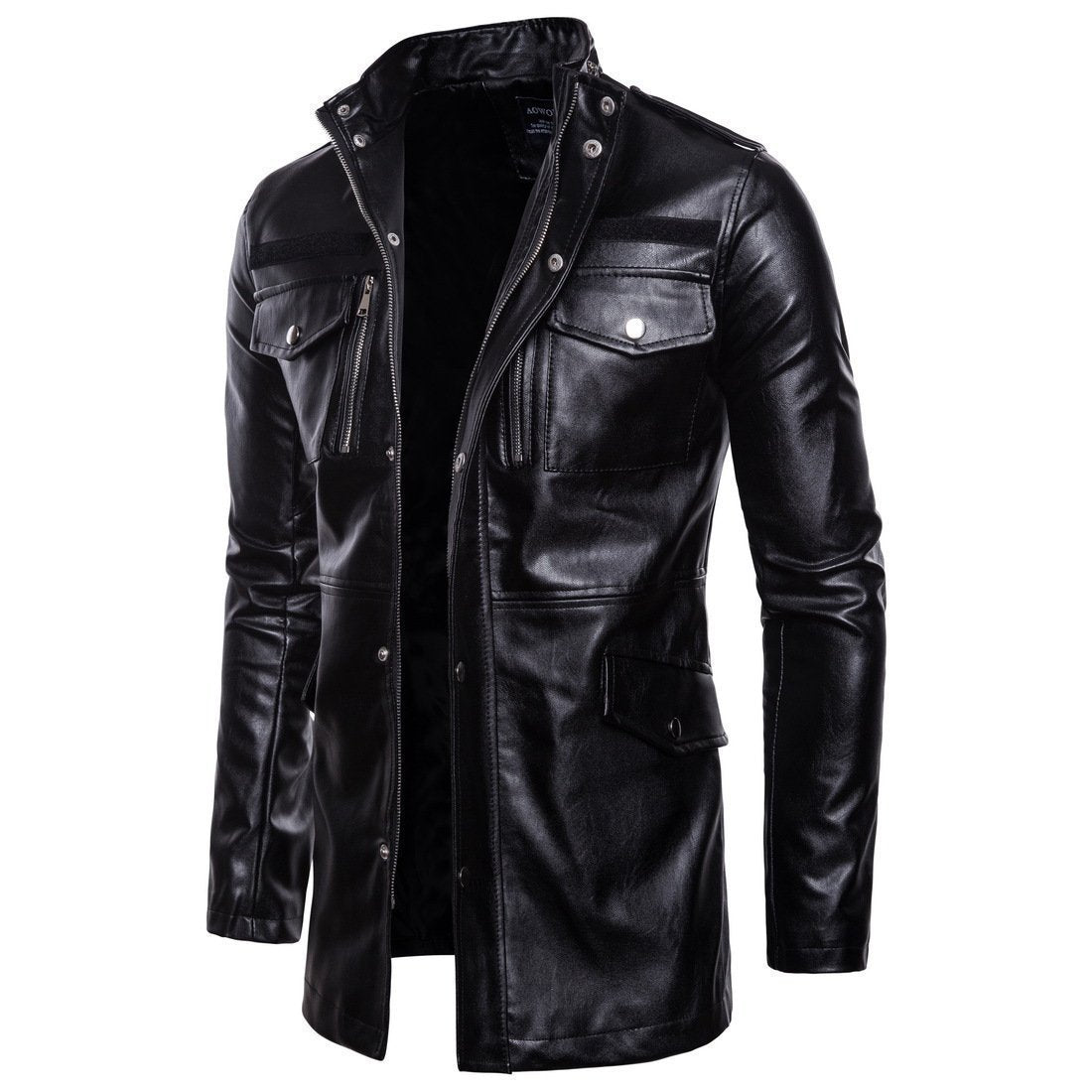 Men's edgy mid-length jacket with stand-up collar and four pockets
