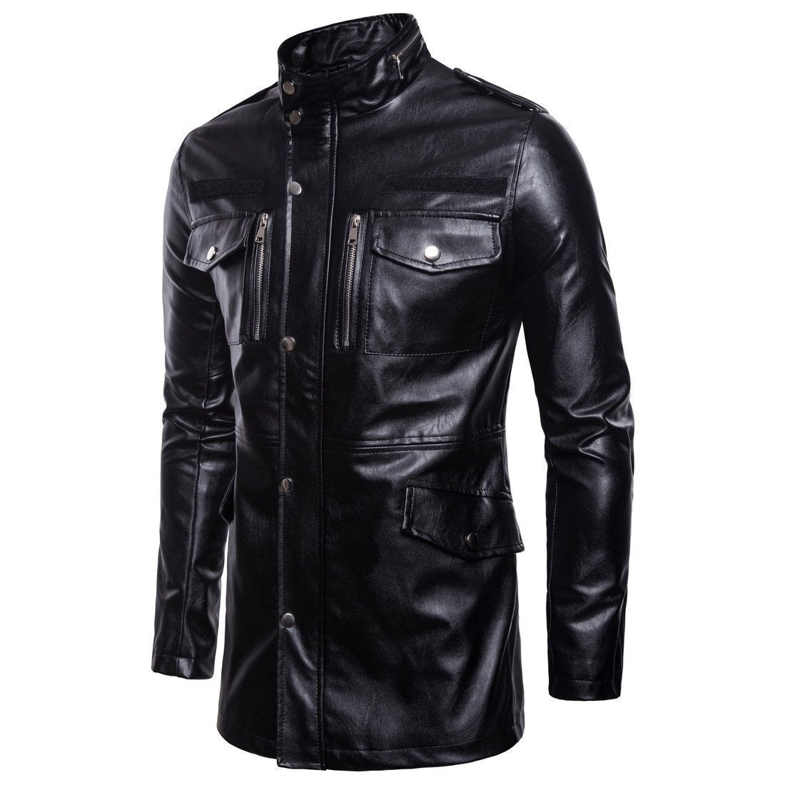 Men's edgy mid-length jacket with stand-up collar and four pockets