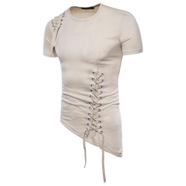 Men's gothic fashion t-shirt with asymmetrical hem and lace-up front