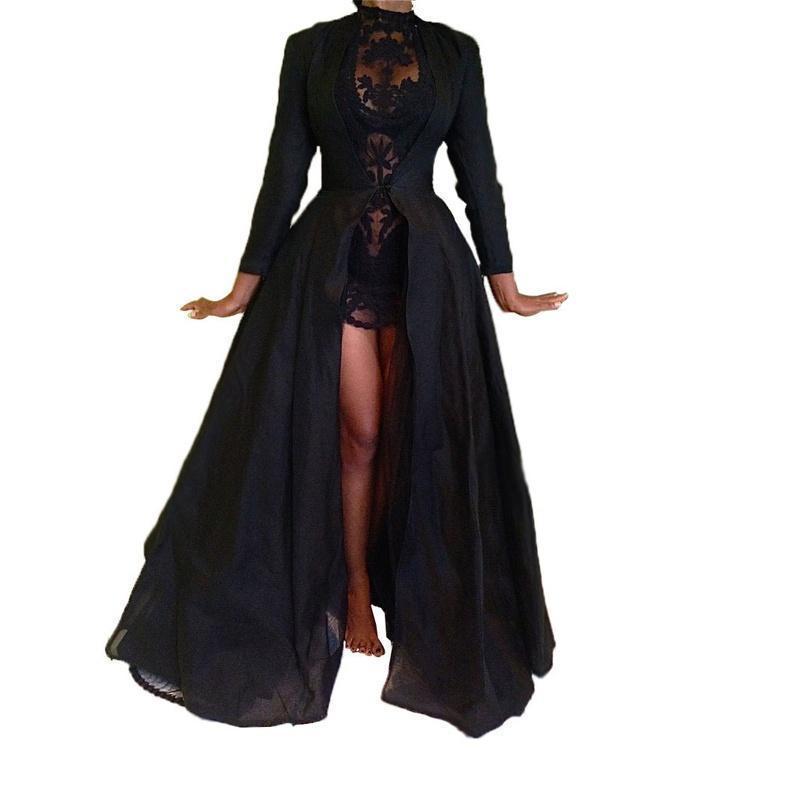 Women's gothic black see-through sexy midi skirt two-piece set dress