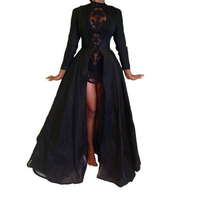 Women's gothic black see-through sexy midi skirt two-piece set dress