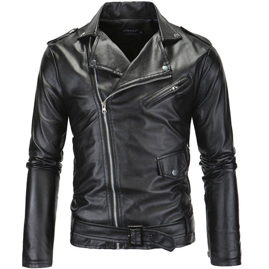 Men's black motorcycle slim jacket with stand collar and oblique zipper