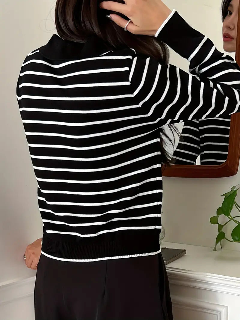 Women's loose striped short lapel sweater