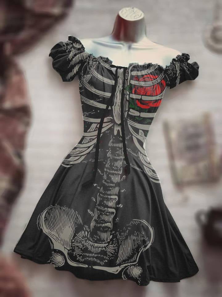 Women's halloween skull print gothic high-waist drawstring short a-line dress