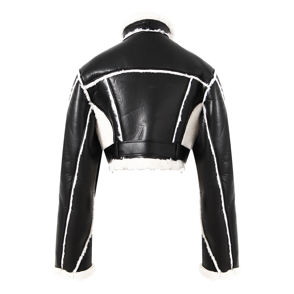 Women's cropped fit motorcycle style short shearling jacket with belt