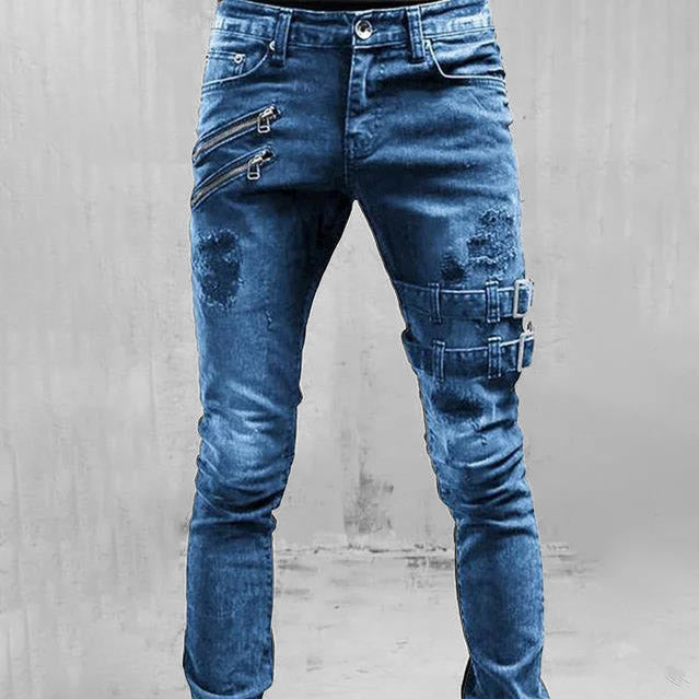 Men's gothic buckle jeans with distressed design