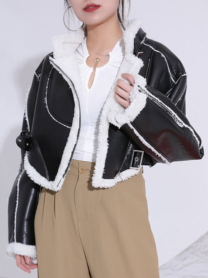 Women's cropped fit motorcycle style short shearling jacket with belt