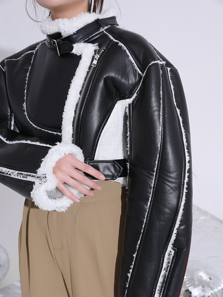 Women's cropped fit motorcycle style short shearling jacket with belt