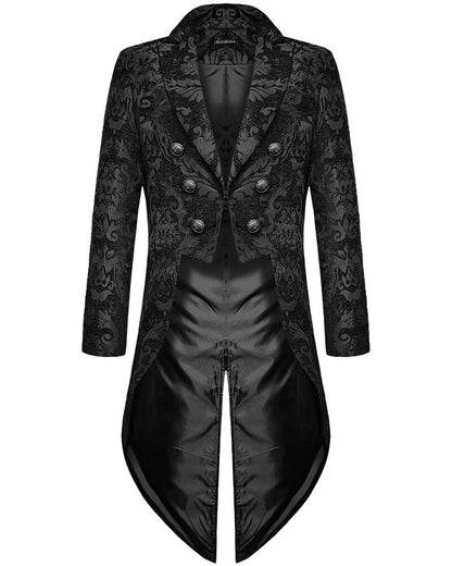 Elegant gothic steampunk men's tailcoat with black brocade design