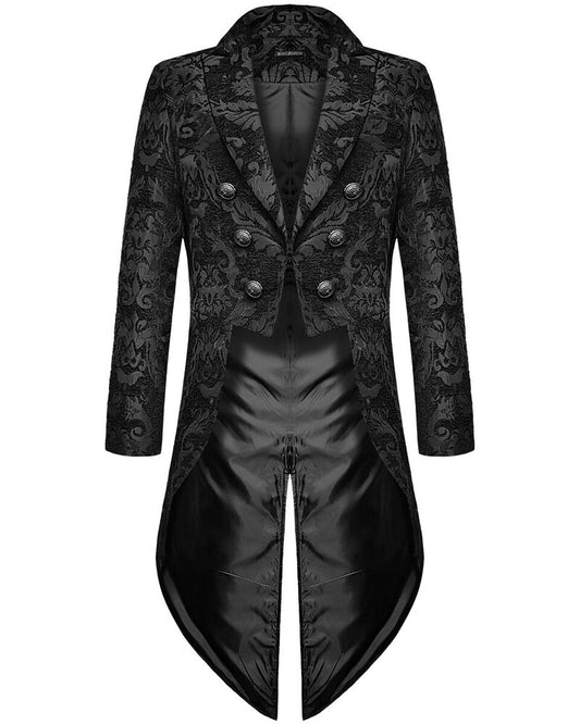 Elegant gothic steampunk men's tailcoat with black brocade design