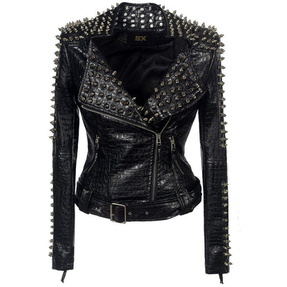 Women's motorcycle punk rock jacket with rivet stitching