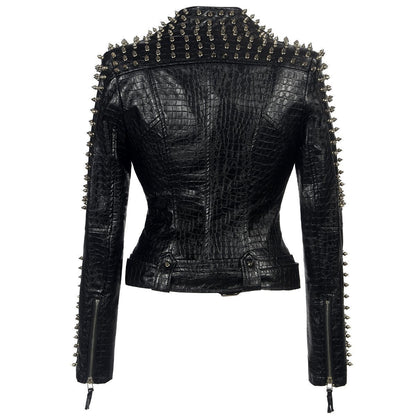 Women's motorcycle punk rock jacket with rivet stitching