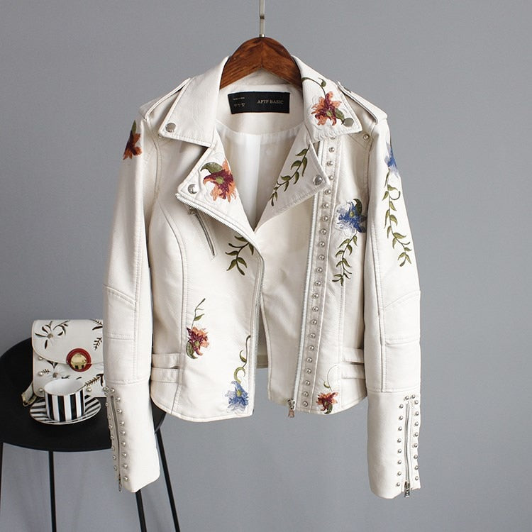 Women's urban street jacket with embroidery and rivets zipper