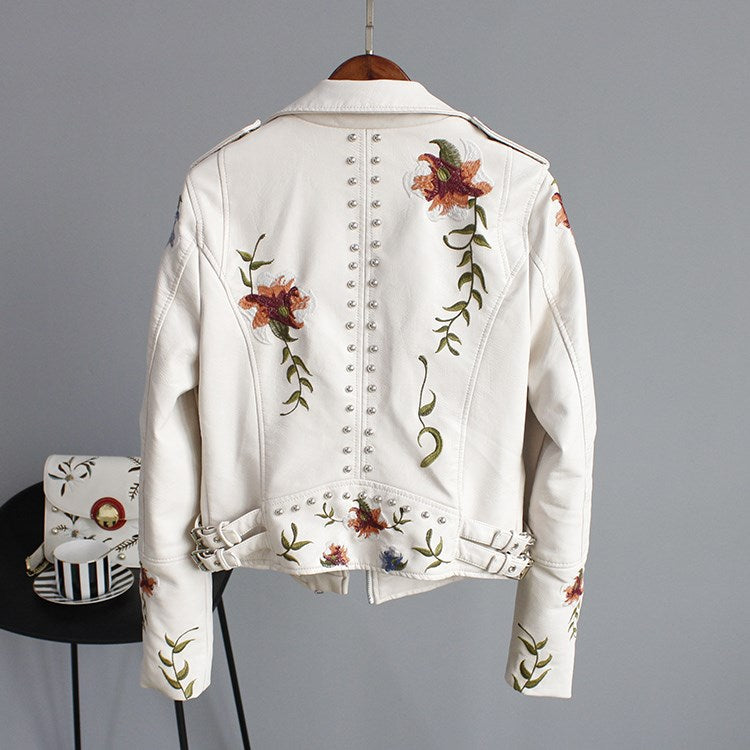 Women's urban street jacket with embroidery and rivets zipper