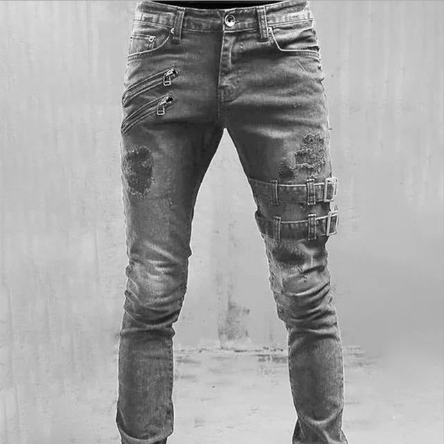 Men's gothic buckle jeans with distressed design