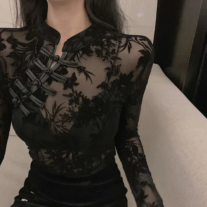 Women's black edgy long-sleeved gothic mesh top