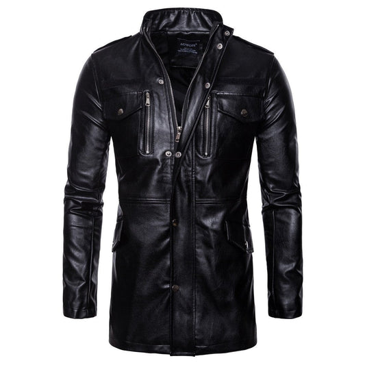 Men's edgy mid-length jacket with stand-up collar and four pockets