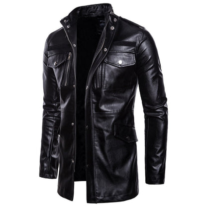 Men's edgy mid-length jacket with stand-up collar and four pockets