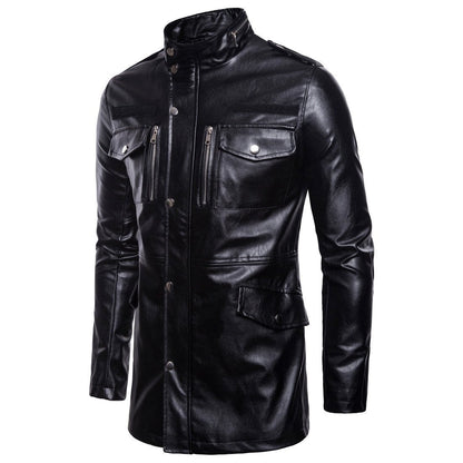 Men's edgy mid-length jacket with stand-up collar and four pockets