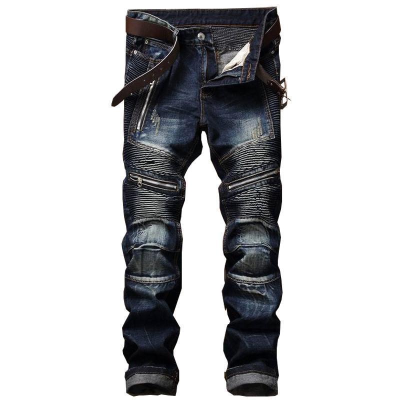 Men's slim straight-leg jeans with zipper pleated design