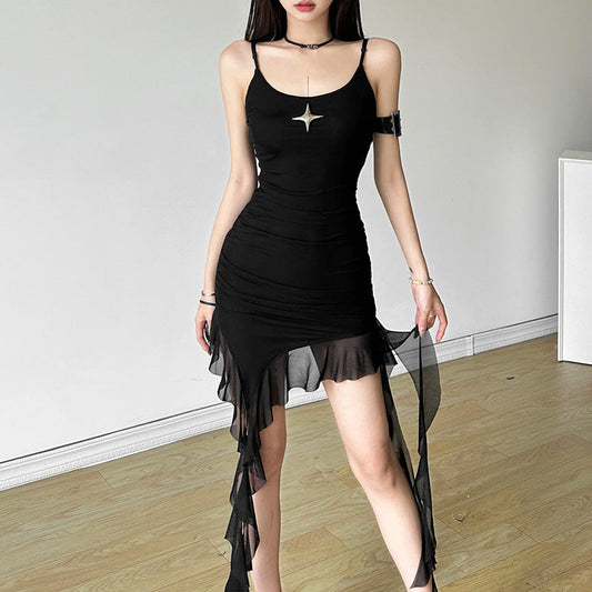 Gothic women's backless suspender sexy black mini dress