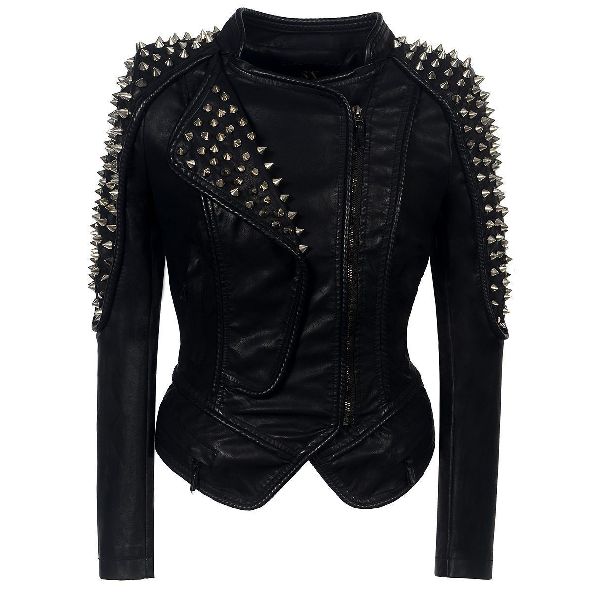 Women's gothic studded rock punk motorcycle jacket with shoulder spikes and zipper detail