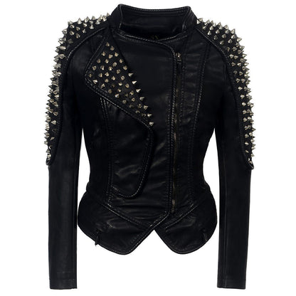 Women's gothic studded rock punk motorcycle jacket with shoulder spikes and zipper detail