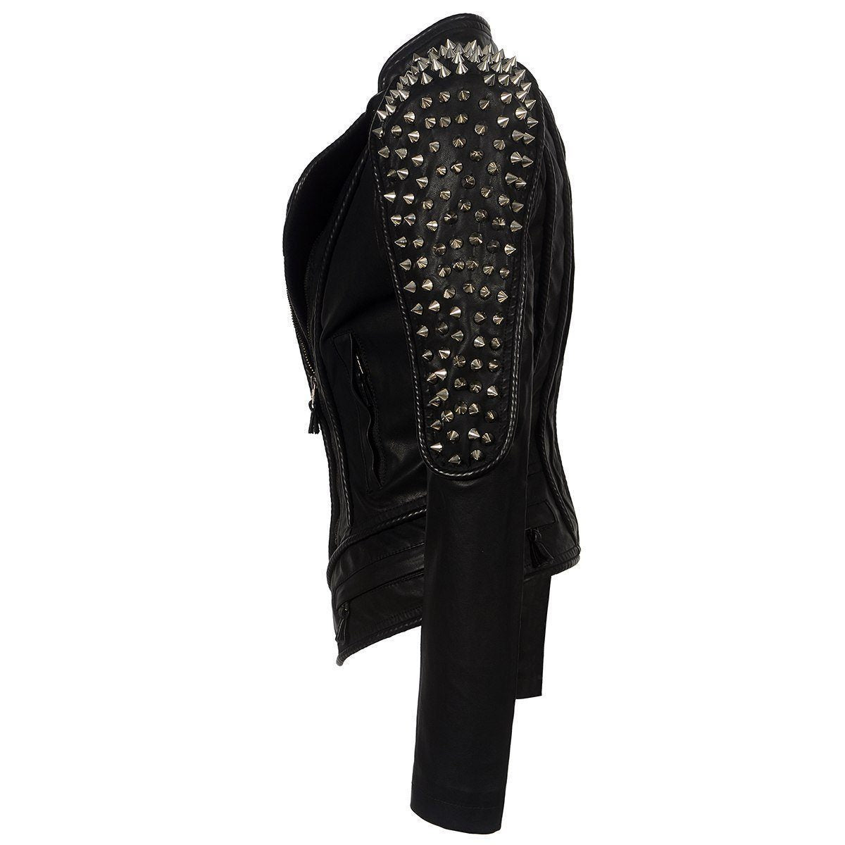 Women's gothic studded rock punk motorcycle jacket with shoulder spikes and zipper detail