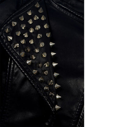 Women's gothic studded rock punk motorcycle jacket with shoulder spikes and zipper detail