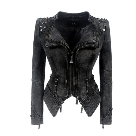 Trendy women's Gothic motorcycle-inspired jacket with rivet detailing