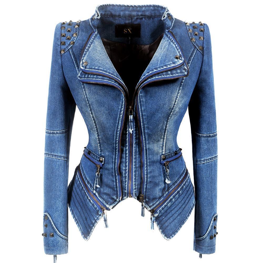 Trendy women's Gothic motorcycle-inspired jacket with rivet detailing