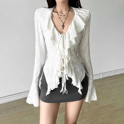 Gothic dreamy women's ruffle v-neck long sleeve top