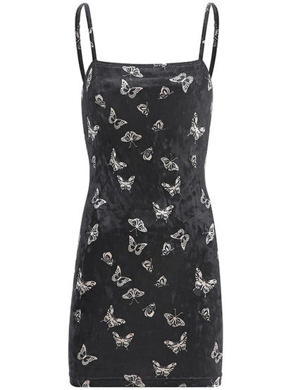 Women's black gothic off-shoulder butterfly print midi dress