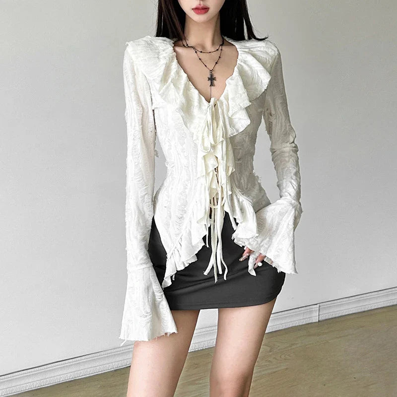 Gothic dreamy women's ruffle v-neck long sleeve top