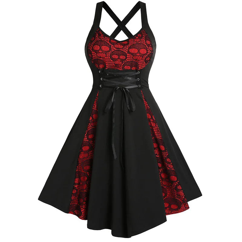 Women's gothic sexy skull suspender dress for Halloween