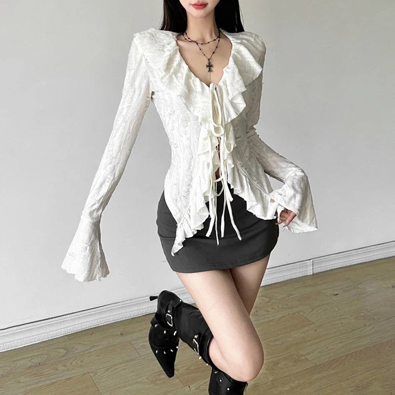 Gothic dreamy women's ruffle v-neck long sleeve top