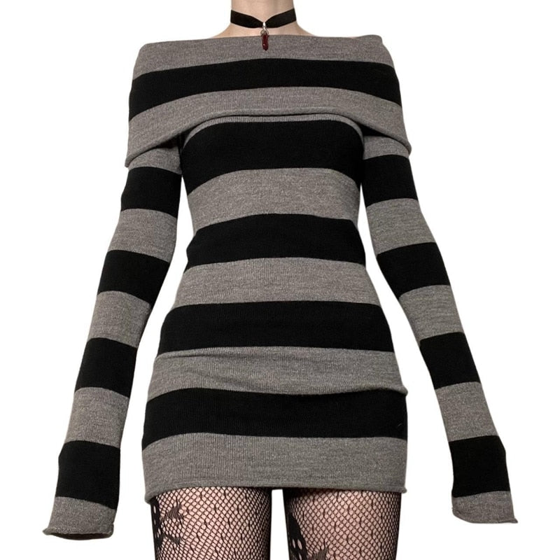 Women's striped one-shoulder slim long sweater dress