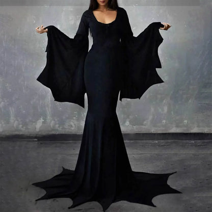 Vintage gothic women's dress with U-neck and bat bell sleeves