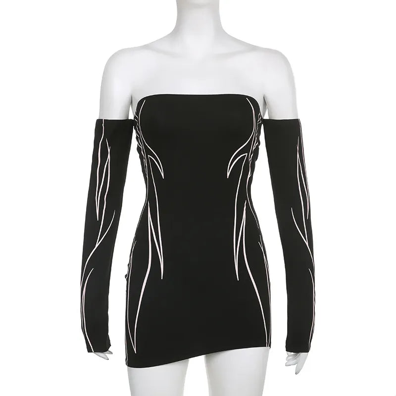 Women's gothic off shoulder mini dress with long sleeves and graphic print