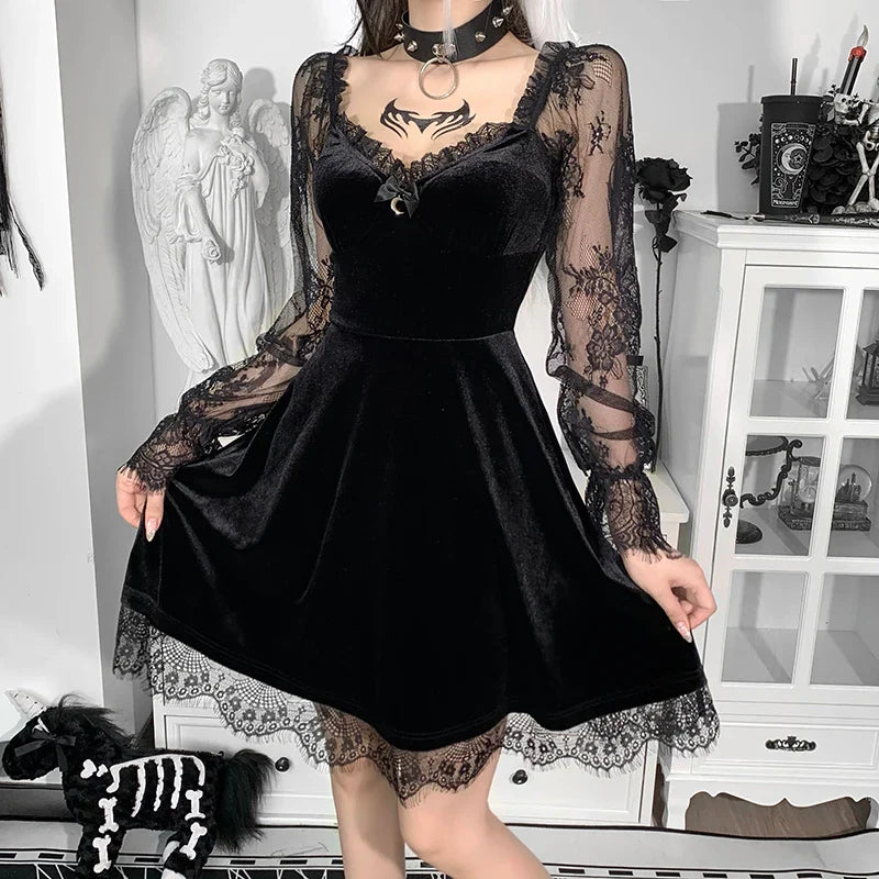 Women’s black gothic ruffle mini dress with sweetheart neckline and bow detail