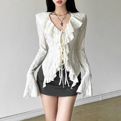 Gothic dreamy women's ruffle v-neck long sleeve top