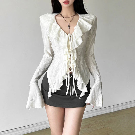 Gothic dreamy women's ruffle v-neck long sleeve top