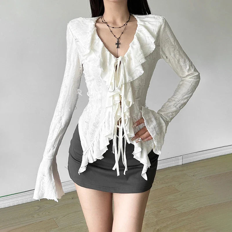 Gothic dreamy women's ruffle v-neck long sleeve top