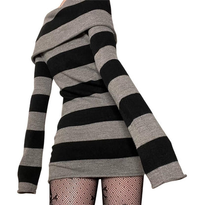 Women's striped one-shoulder slim long sweater dress